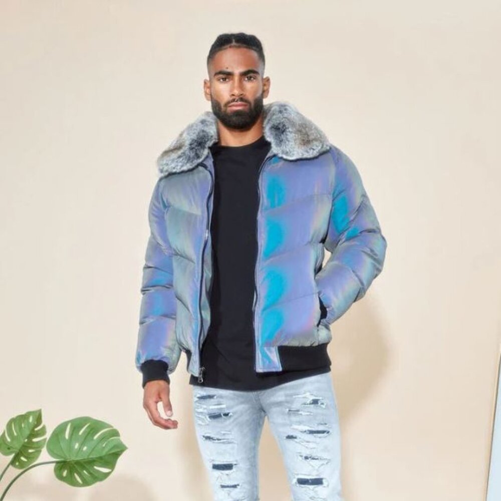 NEW MENS SIZE XL JORDAN CRAIG PUFFER BOMBER JACKET COAT Iridescent Fur Glow